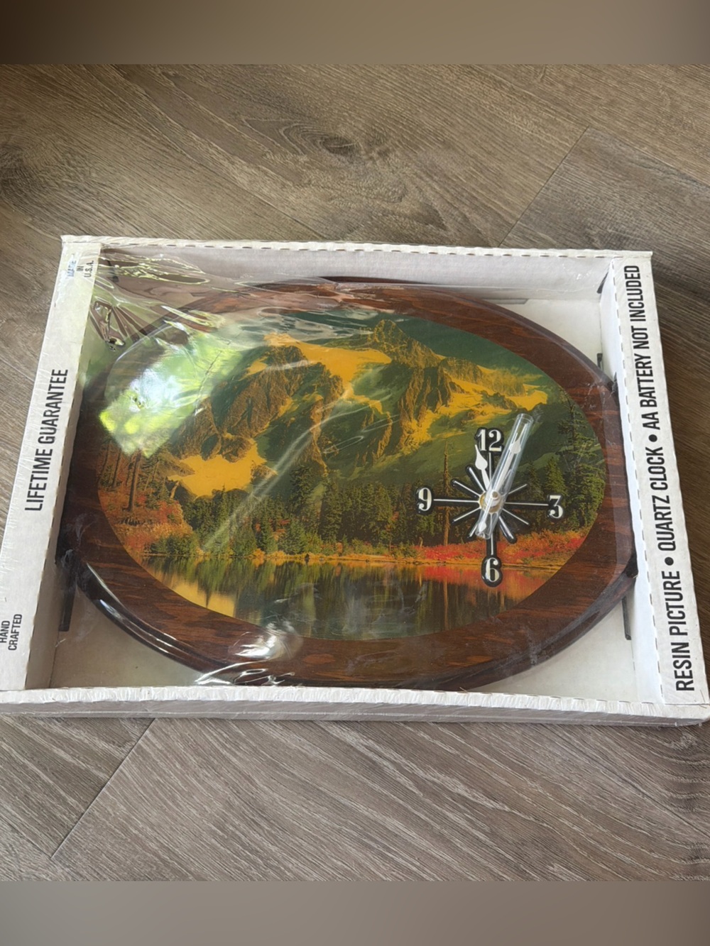 Wooden Resin Picture Quartz Clock Mountain Scene New In Box